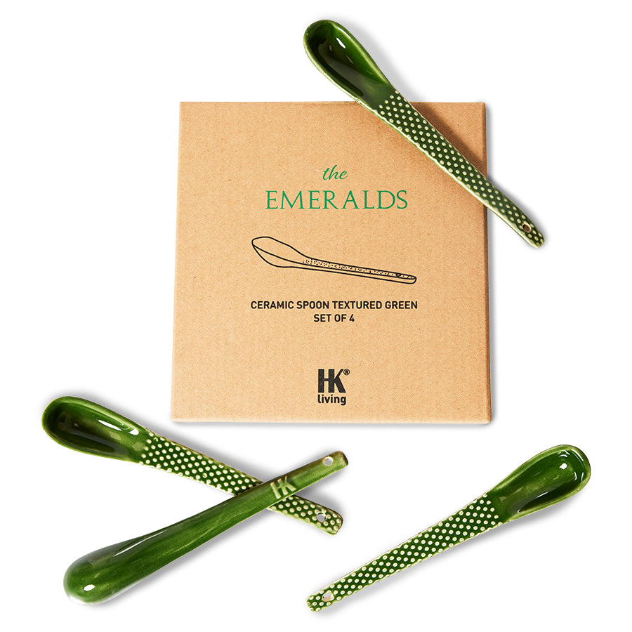 HK Living - Les émeraudes : cuillères en céramique texturées, vertes (ensemble de 4)
