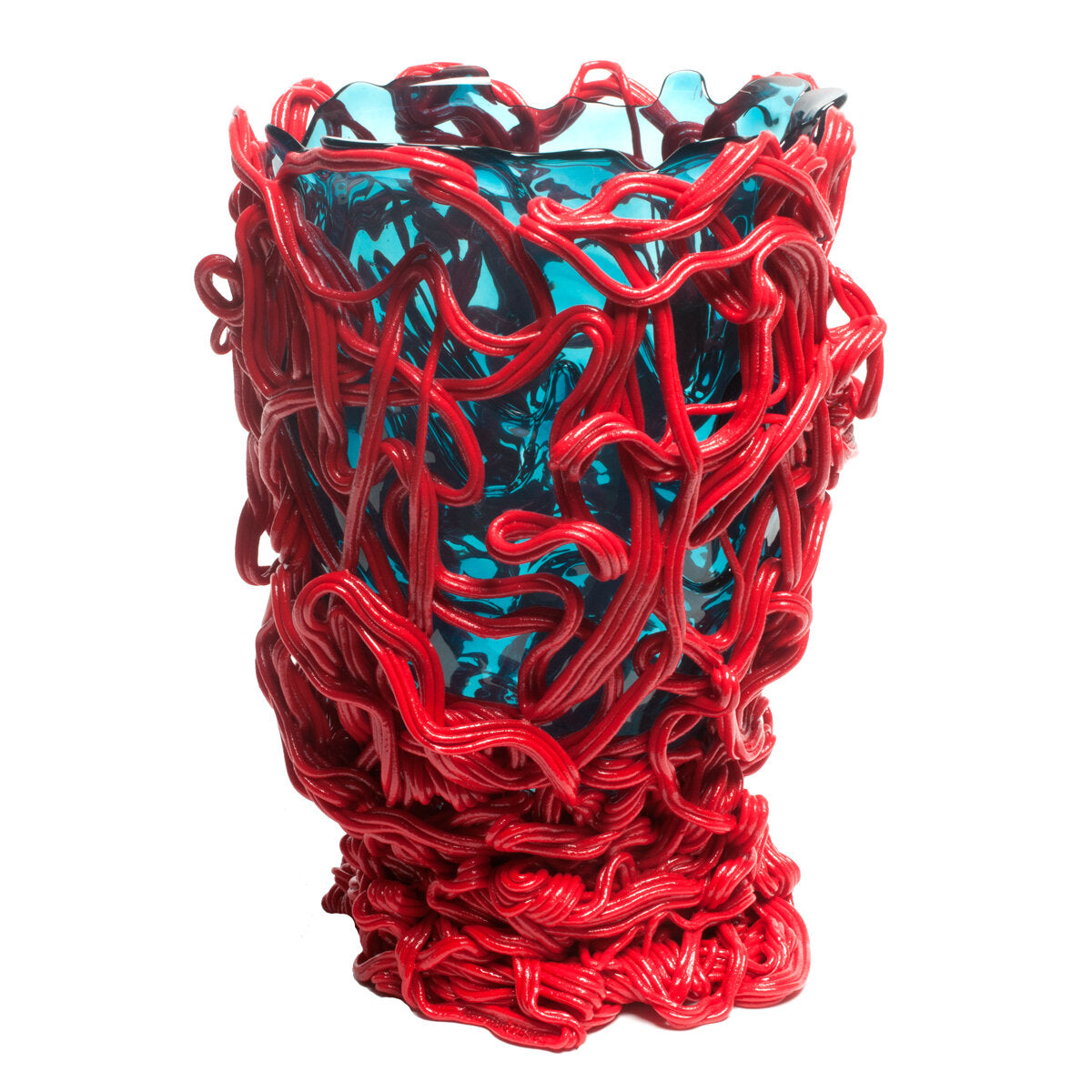 Corsi Fish Design - Spaghetti Special Vase - Clear Aqua And Coral Red L