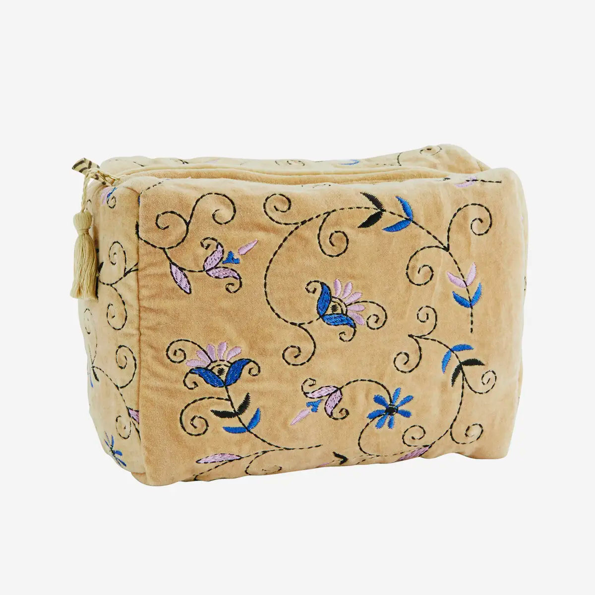 Madam Stoltz - Trousse de toilette en velours brodé beige