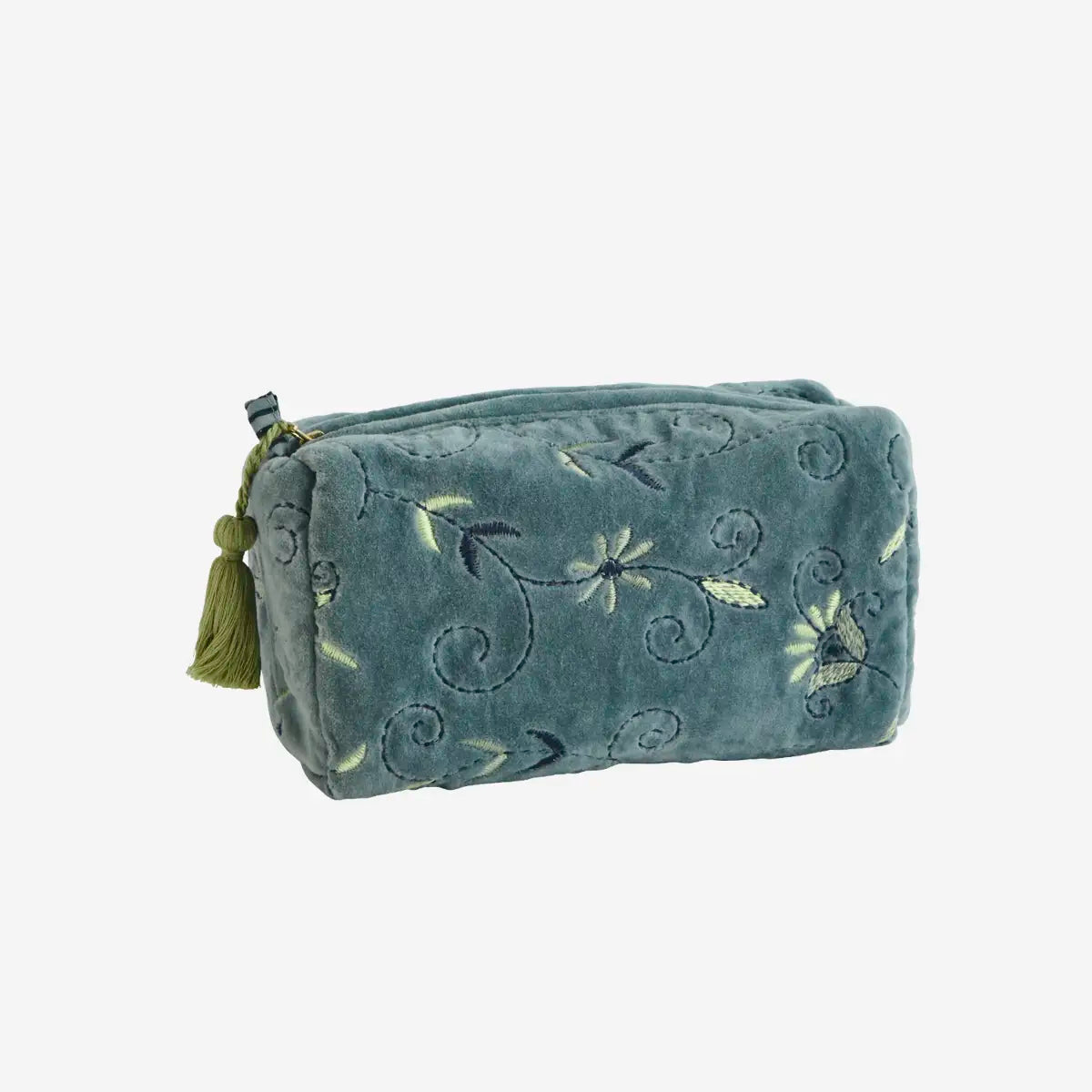 Madam Stoltz - Trousse de toilette en velours brodé bleu/vert